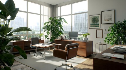 Fototapeta premium Modern Office Interior with City View and Abundant Plants
