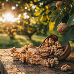 Freshly harvested walnuts on wooden table with sunlight and greenery background