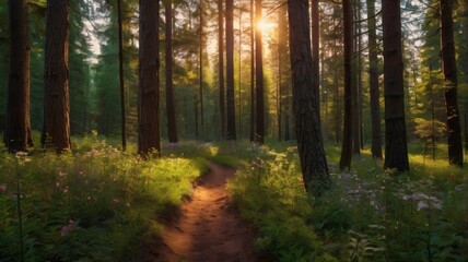 Fototapeta premium Golden sunlight filtering through the trees in a dense forest, illuminating a rustic dirt path lined with delicate wildflowers in a peaceful natural landscape.