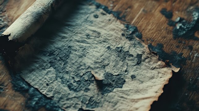 An aged scroll with faded text lies on a rustic wooden surface, exuding a nostalgic and mysterious aura.