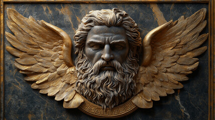 Sculpture of a winged deity with a beard depicted on a marble background in a gallery setting