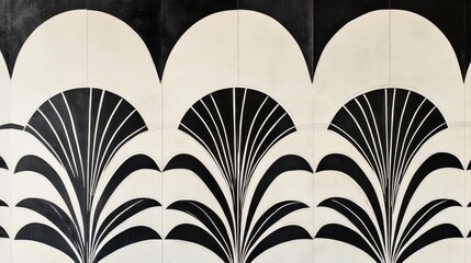 An elegant black and white art deco pattern featuring fan motifs, creating a sophisticated and timeless design for interiors.