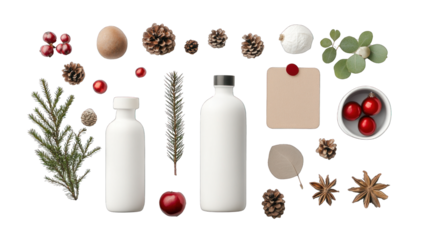 A white bottle with a red label and a green leaf on it