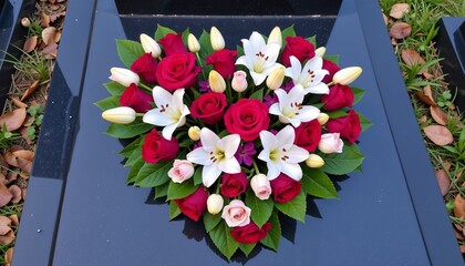 Heart-Shaped Funeral Wreath Made of Red Roses and White Lilies, Placed on a Black Glossy Tombstone Surface Surrounded by Fallen Leaves and Grass in a Cemetery
