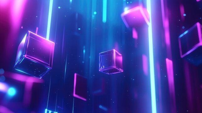 Abstract digital art featuring glowing translucent cubes in vibrant pink and blue hues, creating a futuristic and immersive atmosphere.