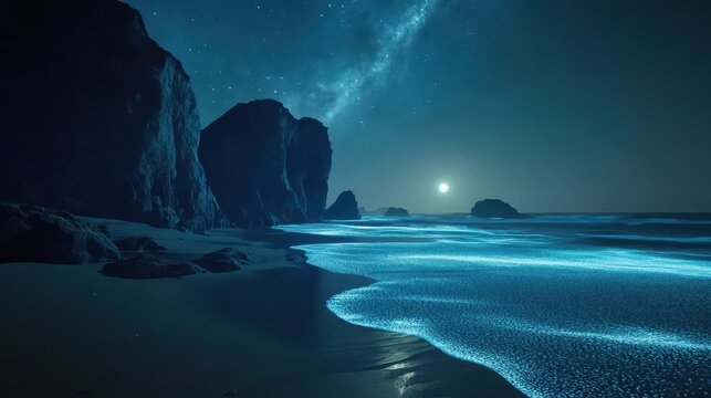 A serene night scene featuring a beach with glowing blue waves, rocky cliffs silhouetted against a starry sky, creating a magical and mysterious atmosphere. - Powered by Adobe