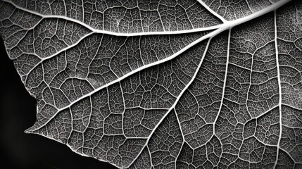 A close-up view of a detailed leaf showcasing intricate vein patterns in black and white, highlighting its delicate texture and natural beauty.