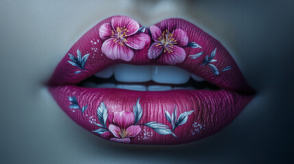 Artistic lip makeup featuring floral designs in vibrant pink tones