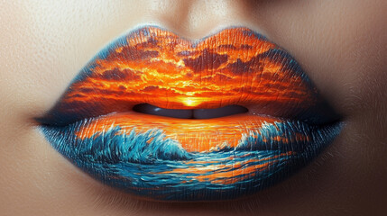 Artistic lip painting featuring a sunset and ocean waves captured up close in a creative makeup display