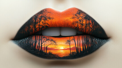 Vivid sunset landscape painted on lips showcasing unique artistic makeup at a creative beauty event