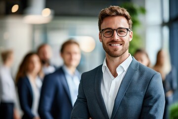 Confident young businessman with glasses leading a team in the office