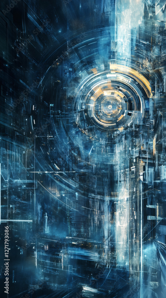 Poster complex circular mechanism spinning and illuminating a futuristic digital city with blue and gold li