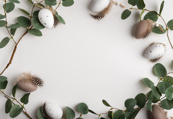 Beautiful natural frame with decorative eggs and branches of eucalyptus. Easter background in natural colours, copy space for your text.