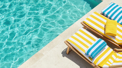 Vibrant poolside seating with striped towels in sunlit summer setting