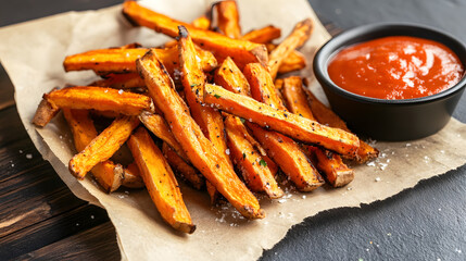 A bowl of crispy golden french fries served with a side of ketchup and a sprinkle of sea salt.