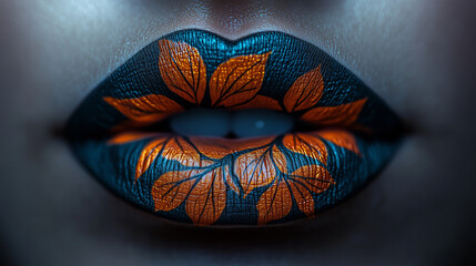 Bold lip art featuring intricate orange and black leaf design during an artistic makeup session in an indoor setting