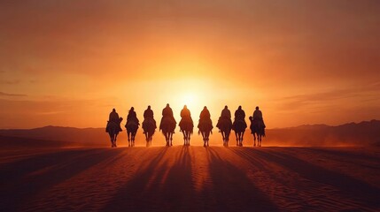 Fototapeta premium Silhouettes of seven riders on horseback against a stunning sunset, creating a serene and majestic atmosphere in the desert landscape.