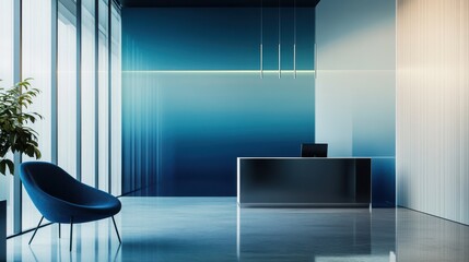 A modern reception area featuring sleek design elements, with a blue gradient wall and contemporary furniture in a tranquil setting.