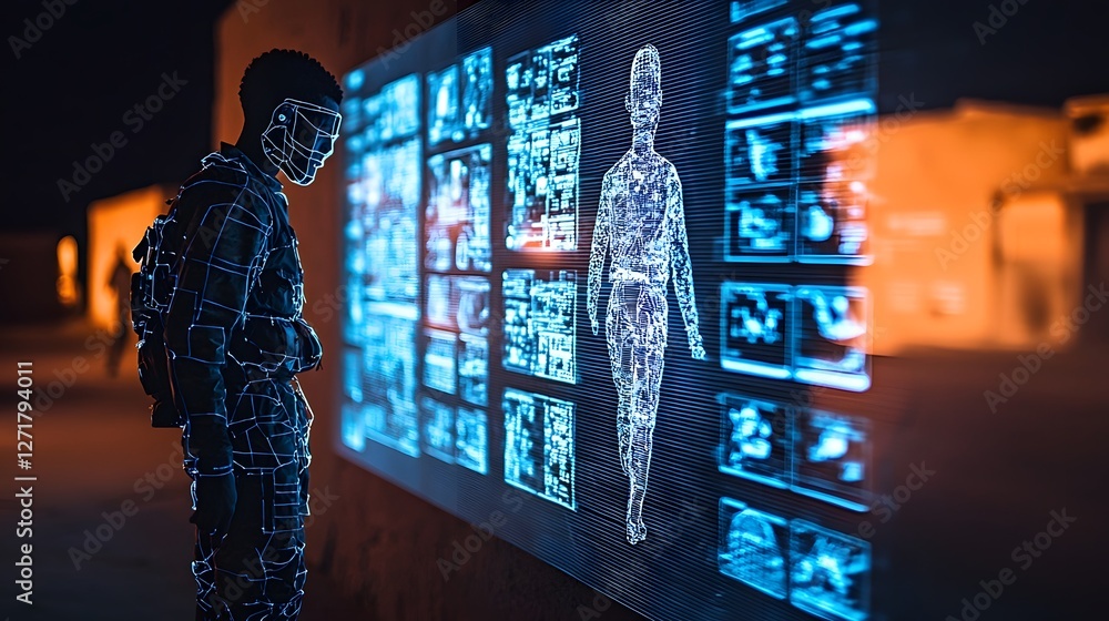 Poster holographic ai powered crisis response system displaying real time global displacement data and huma