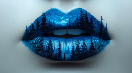 Artistic lip makeup featuring a forest landscape in shades of blue, showcasing creativity and skill in cosmetics application
