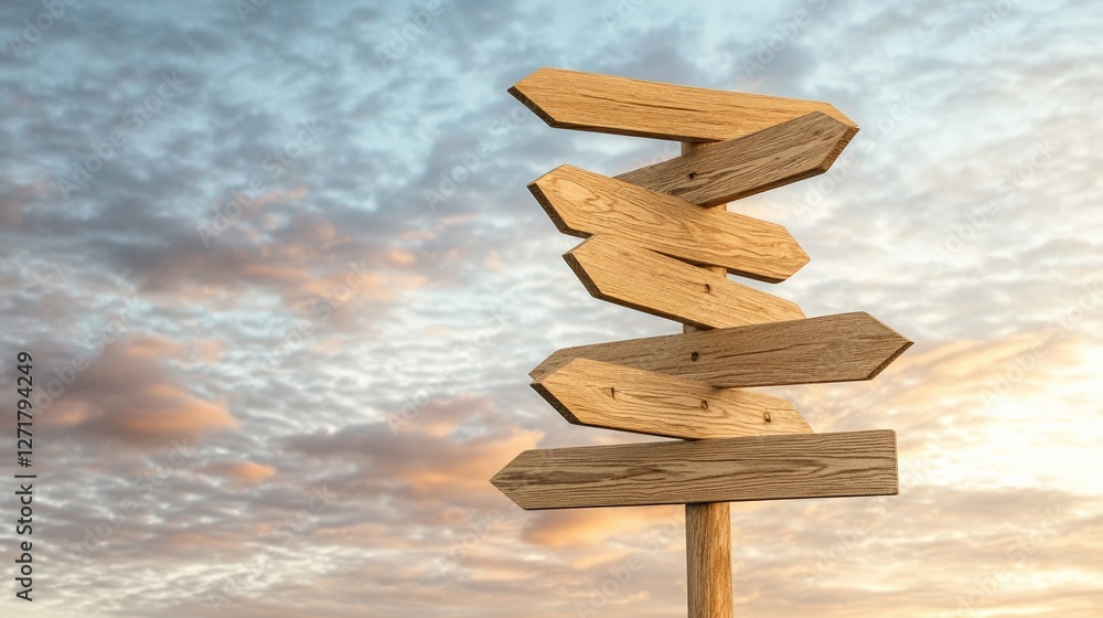 Poster Signpost with multiple blank wooden arrows pointing in various directions against a beautiful sunset sky, symbolizing choices, decisions, and finding the right path in life