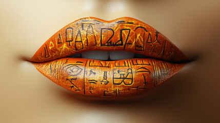 Intricate lip art featuring ancient symbols showcased in vibrant orange hues