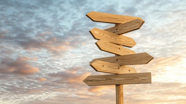 Signpost with multiple blank wooden arrows pointing in various directions against a beautiful sunset sky, symbolizing choices, decisions, and finding the right path in life