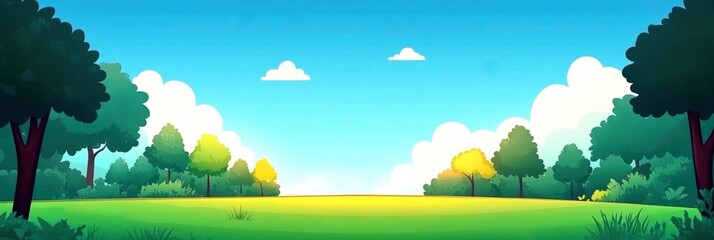 Vibrant cartoon landscape with green grass, trees, and a bright blue sky filled with fluffy clouds.