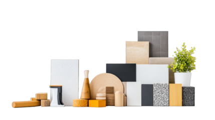 A collection of various materials, including wood, stone, and plants