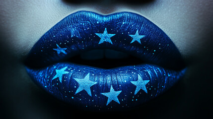 Creative lip art featuring blue and silver star design on a dark background