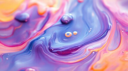 Abstract close-up of vibrant purple and orange fluid paint with bubbles, creating a mesmerizing and colorful composition.