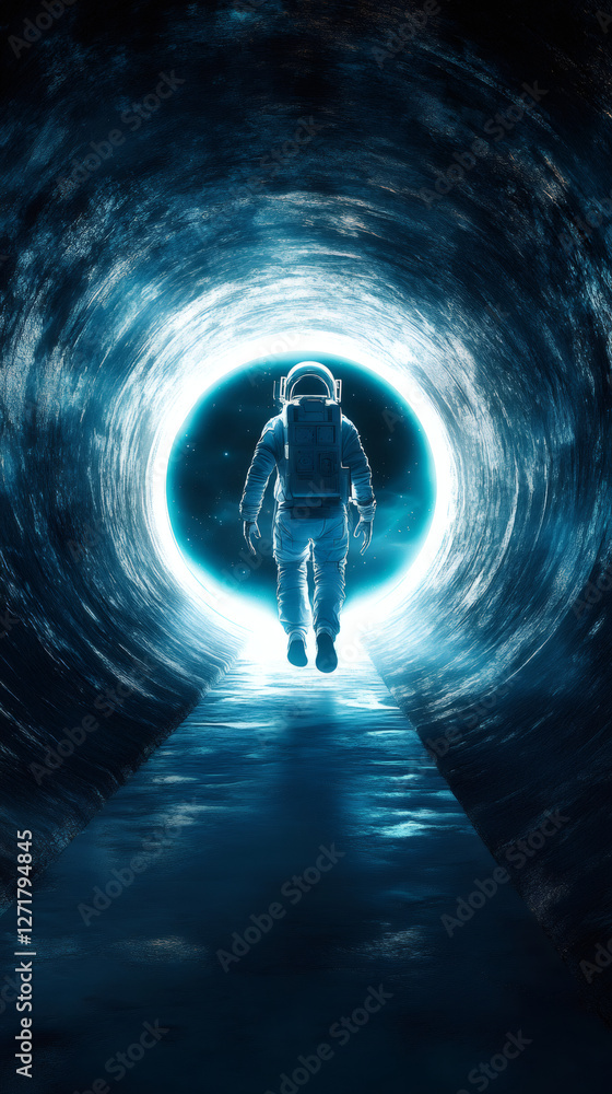 Aufkleber Astronaut is walking in a tunnel towards a bright portal showing space and stars, a surreal and science fiction concept