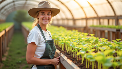 A farmer's woman grows vegetable seedlings in a greenhouse