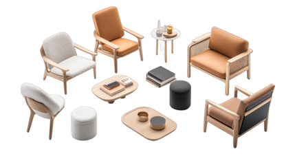 A collection of wooden chairs and ottoman arranged in a circle