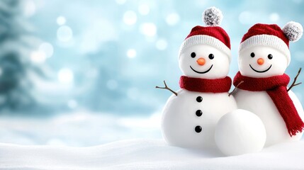 Fototapeta premium Two cheerful snowmen in winter attire standing in a snowy landscape with a soft blue background.