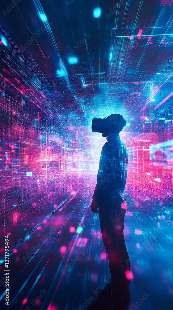 Poster software engineer using virtual reality headset exploring immersive digital environment with colorfu