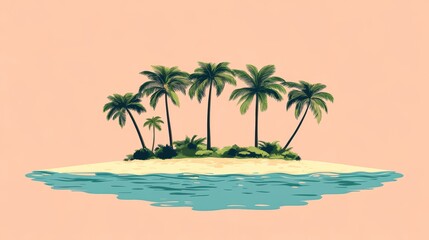 Fototapeta premium Tropical island with palm trees surrounded by clear water and a soft sandy beach on a pastel background.