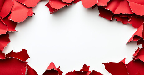 Torn red paper creates striking frame around blank white background, perfect for adding text or images. vibrant color and texture evoke creativity and excitement