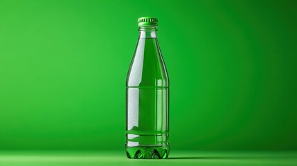 Transparent glass bottle of refreshing beverage on green background.