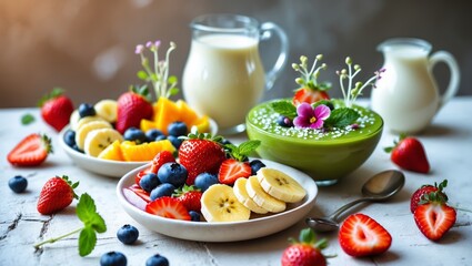 Fresh fruit and green smoothie breakfast served on a rustic table with milk and decorative herbs in a cozy setting