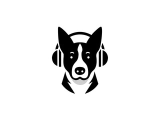Cartoon dog head wearing headphones company logo, vector dog logo for themed business or product. Brand identity company logo design, dog head vector silhouette logo and t-shirt design illustration.