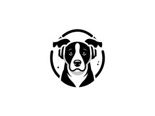 Cartoon dog head wearing headphones company logo, vector dog logo for themed business or product. Brand identity company logo design, dog head vector silhouette logo and t-shirt design illustration.