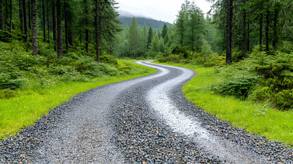 Obraz premium Winding gravel road through lush green forest