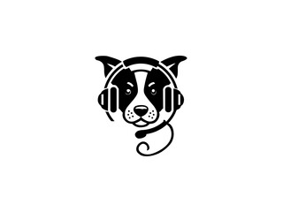 Cartoon dog head wearing headphones company logo, vector dog logo for themed business or product. Brand identity company logo design, dog head vector silhouette logo and t-shirt design illustration.