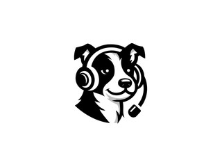 Cartoon dog head wearing headphones company logo, vector dog logo for themed business or product. Brand identity company logo design, dog head vector silhouette logo and t-shirt design illustration.