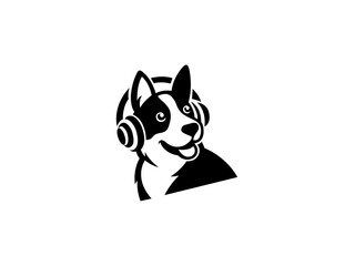 Cartoon dog head wearing headphones company logo, vector dog logo for themed business or product. Brand identity company logo design, dog head vector silhouette logo and t-shirt design illustration.