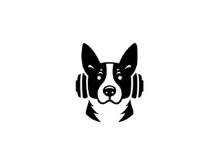 Cartoon dog head wearing headphones company logo, vector dog logo for themed business or product. Brand identity company logo design, dog head vector silhouette logo and t-shirt design illustration.