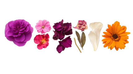 A row of flowers with a purple flower on the left