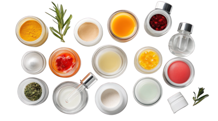 A collection of various jars and bottles of different colors and sizes