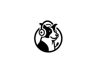 Cartoon dog head wearing headphones company logo, vector dog logo for themed business or product. Brand identity company logo design, dog head vector silhouette logo and t-shirt design illustration.